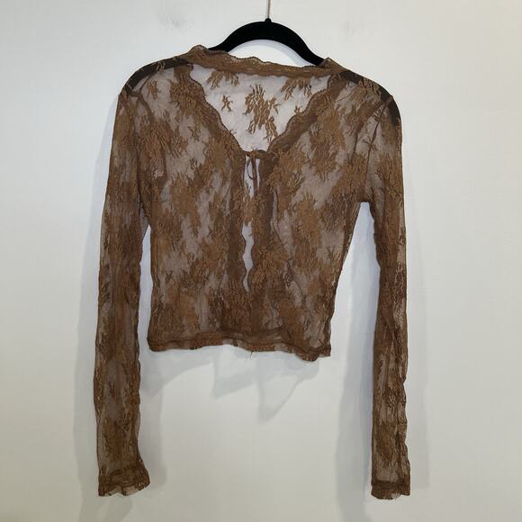 Y2K Top Chocolate Brown Lace Tie Up Cardigan/Bolero Unbranded See Through Lace - Picture 2 of 4